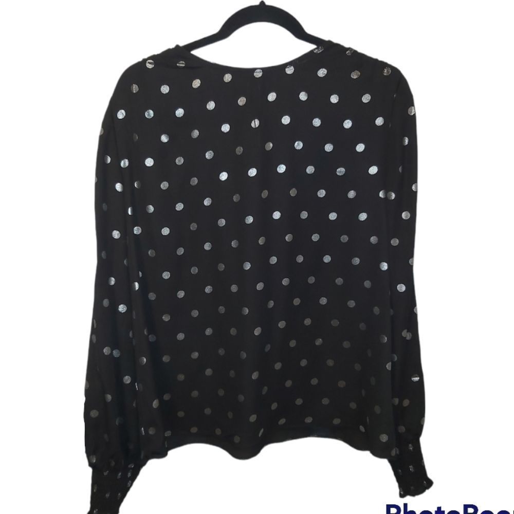NWT Suzy Shier large metallic pola dot blouse smocked wrists